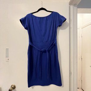 Royal blue midi short sleeve dress office casual with pockets and tie